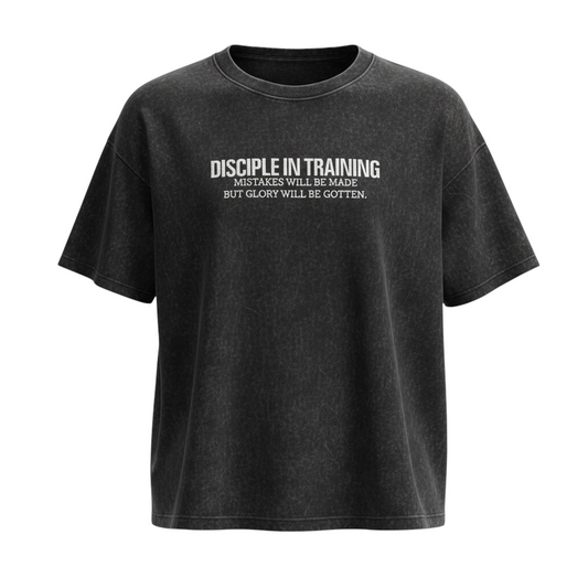 The Promise Brand Co. charcoal acid-wash crewneck t-shirt with white Disciple in Training graphic text on the front.