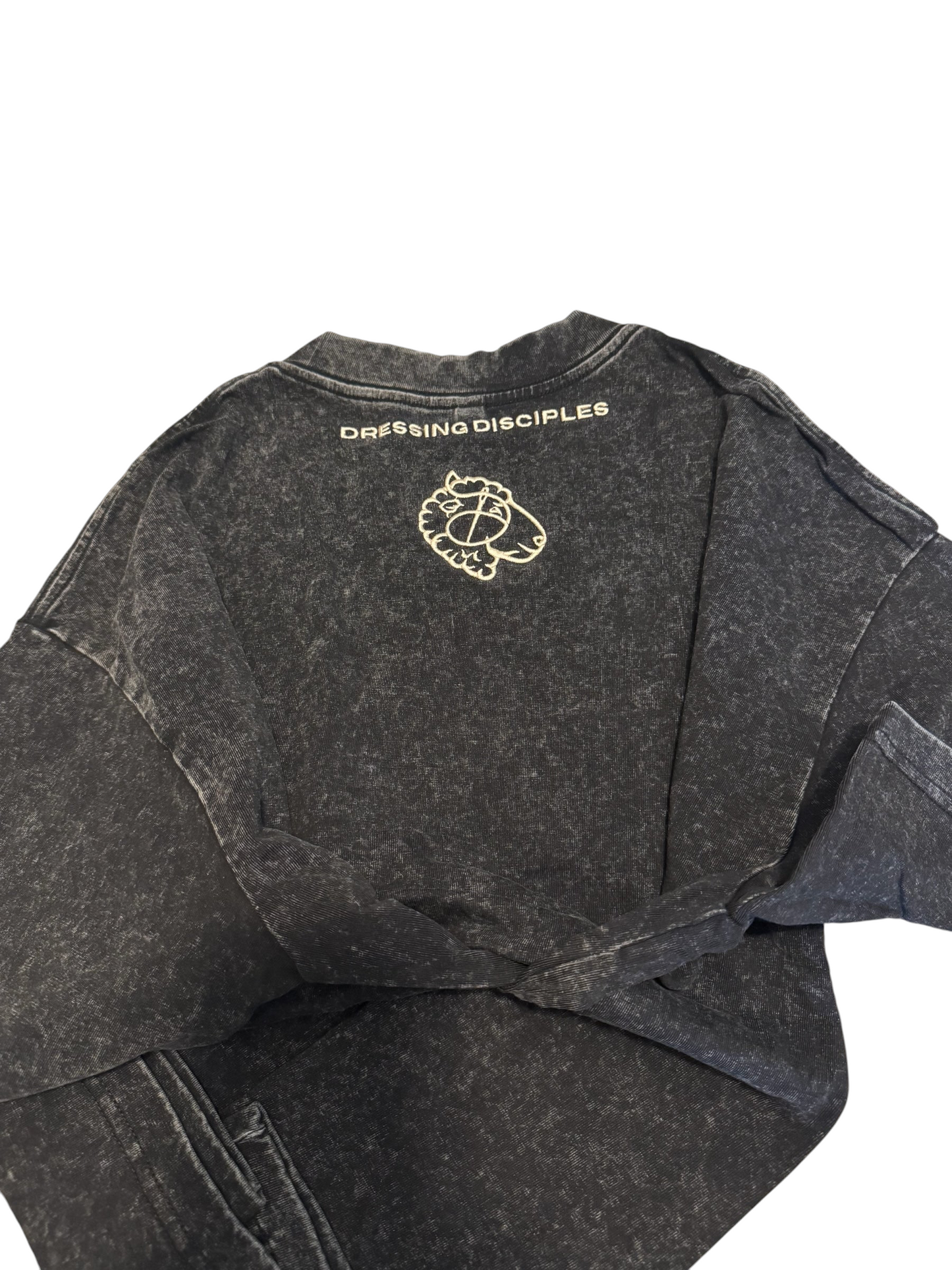The Promise Brand Co. charcoal acid-wash crewneck t-shirt featuring a minimalist sheep logo and text on the back.