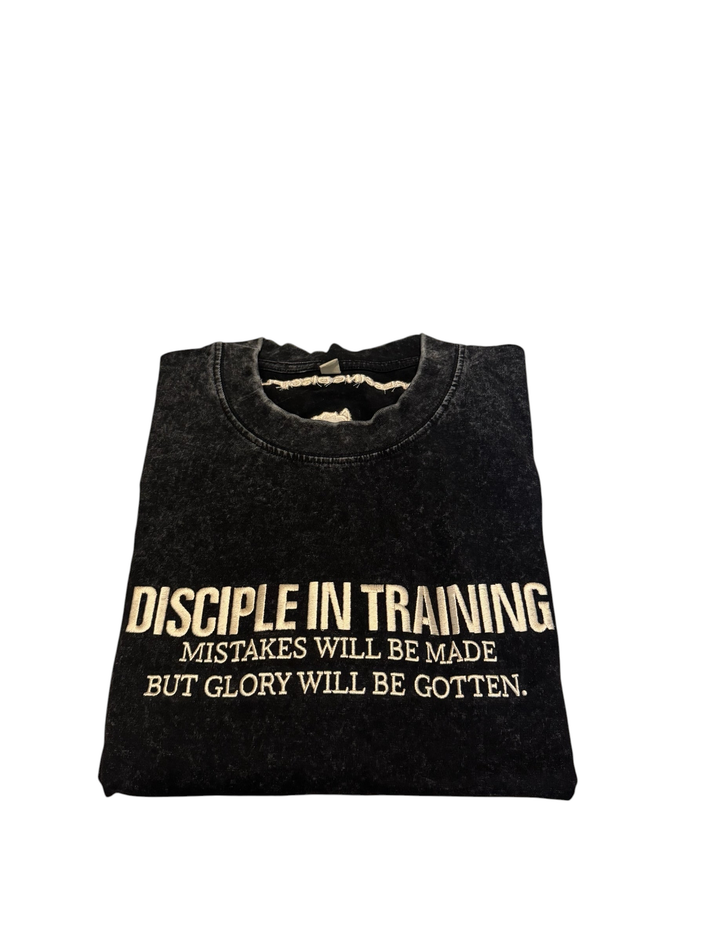 The Promise Brand Co. charcoal acid-wash graphic crewneck t-shirt with Disciple in Training text on the front.