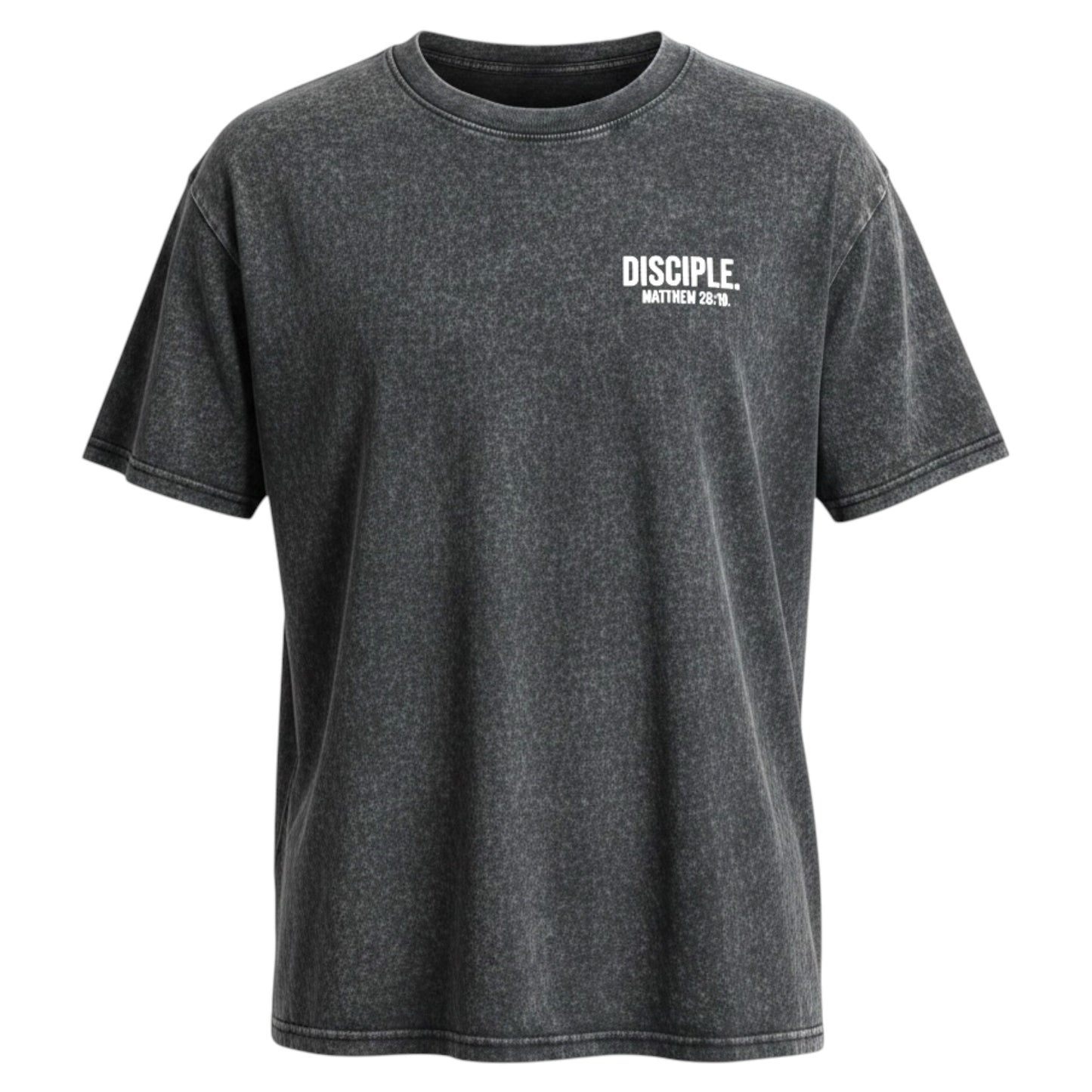 The Promise Brand Co. mineral-wash charcoal grey crewneck t-shirt with white Disciple Matthew 28:19 chest graphic