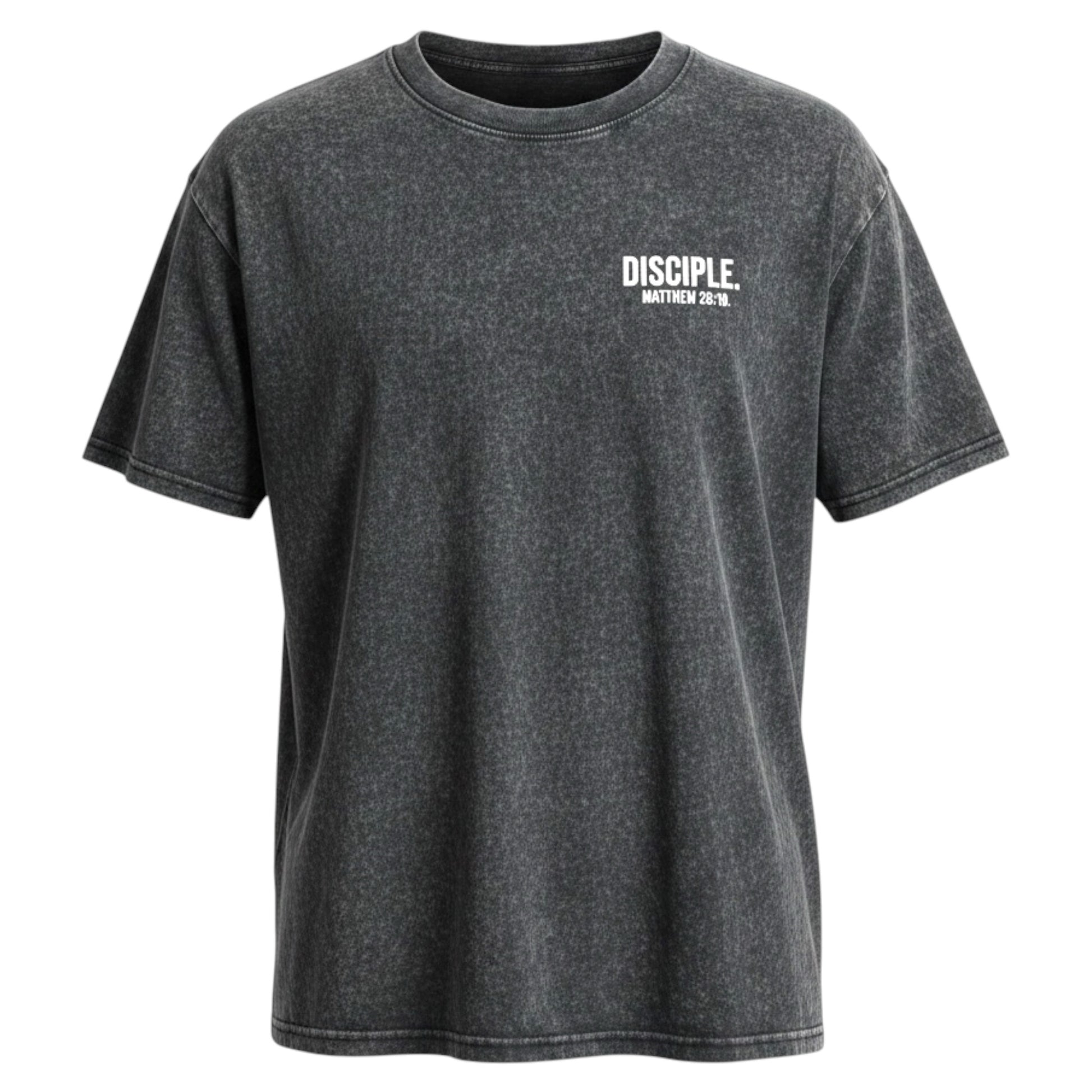 The Promise Brand Co. mineral-wash charcoal grey crewneck t-shirt with white Disciple Matthew 28:19 chest graphic